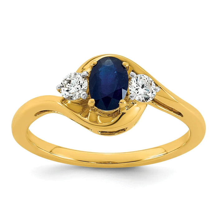 0.23 Ct Oval Blue Created Sapphire & Lab Diamond Prong 14K Gold Three Stone Bypass Ring by Fine Color Jewels