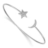 0.25 Ct Round White Diamond Prong 14k White Gold Moon and Star Flexible Open Cuff Bangle Bracelet
