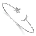 0.25 Ct Round White Diamond Prong 14k White Gold Moon and Star Flexible Open Cuff Bangle Bracelet by Fine Color Jewels