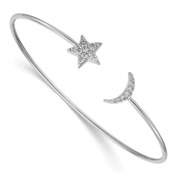 0.25 Ct Round White Diamond Prong 14k White Gold Moon and Star Flexible Open Cuff Bangle Bracelet by Fine Color Jewels