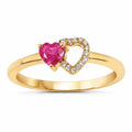 0.27 Ct Heart Pink Ruby & Diamond Prong 10K Yellow Gold Pave Double Heart Ring by Fine Color Jewels
