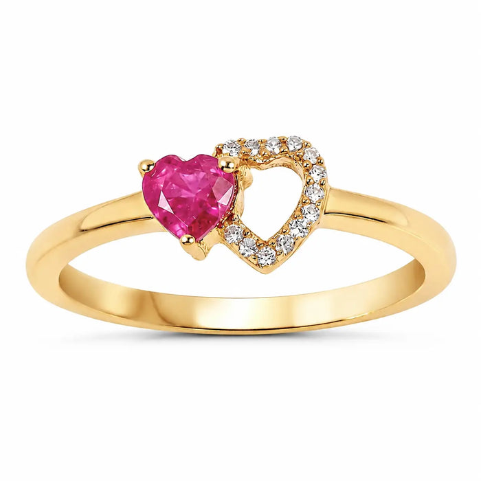0.27 Ct Heart Pink Ruby & Diamond Prong 10K Yellow Gold Pave Double Heart Ring by Fine Color Jewels