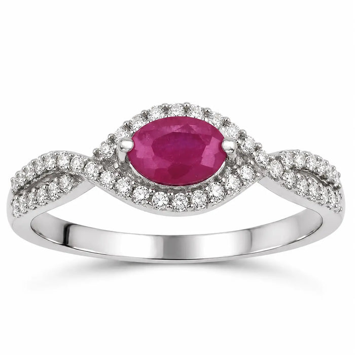 0.27 Ct Oval Pink Ruby & White Diamond Prong 14K White Gold Crossover Halo Ring by Fine Color Jewels