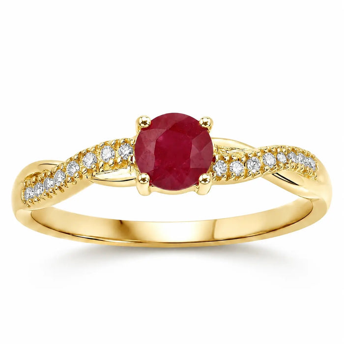 0.30 Ct Round Pink Ruby & Diamond Prong 10K Yellow Gold Pave Twisted Band Ring by Fine Color Jewels