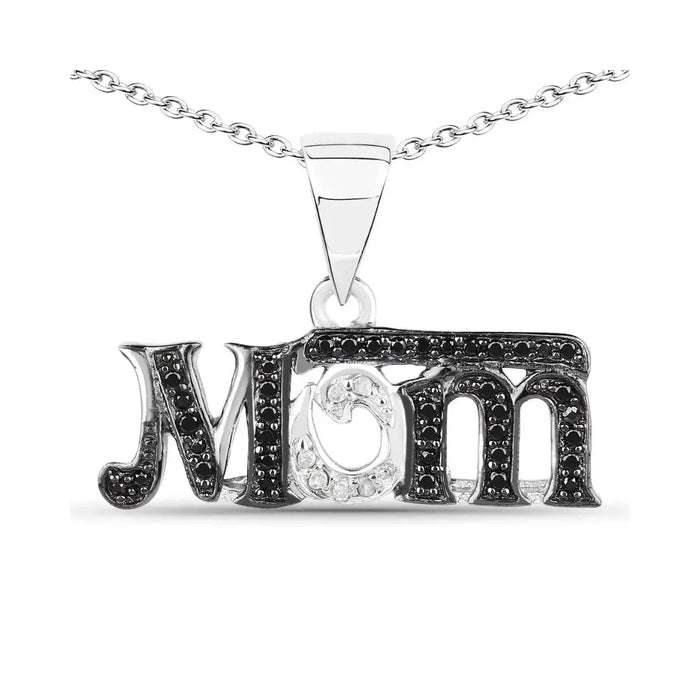 0.30 CTTW Round Black Spinel and White Diamond Prong Silver Mom Pendant Necklace by Fine Color Jewels