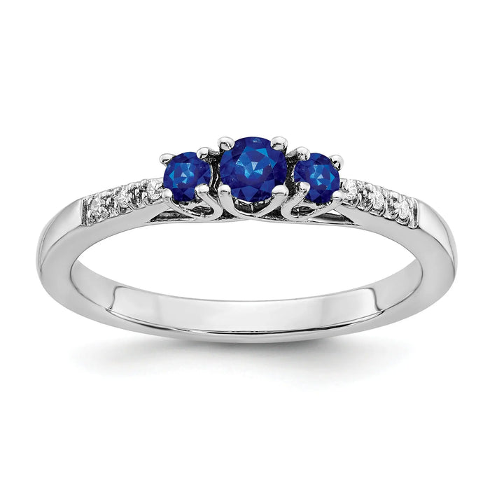 0.34 Ct Round Blue Sapphire and Diamond Prong 14k White Gold Three stone Ring by Fine Color Jewels