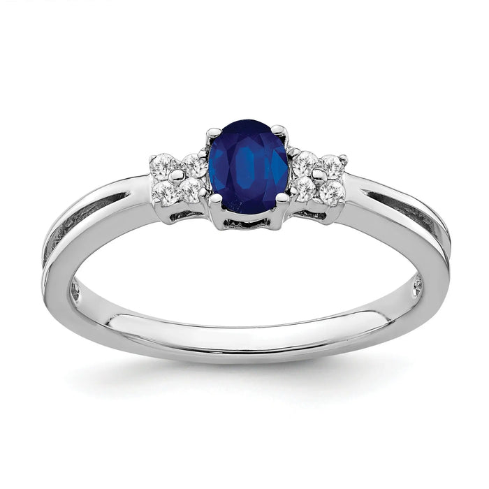 0.35 Ct Oval Blue Sapphire & Diamond Prong 14K White Gold Three Stone Ring by Fine Color Jewels