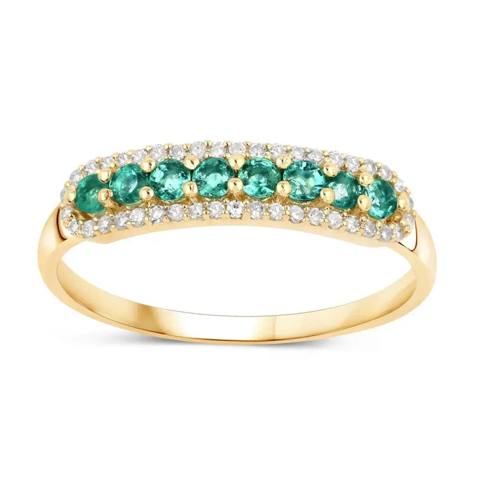 0.35 Ct Round Green Zambian Emerald and White Diamond Prong 14K Yellow Gold Pave Half Eternity Ring by Fine Color Jewels