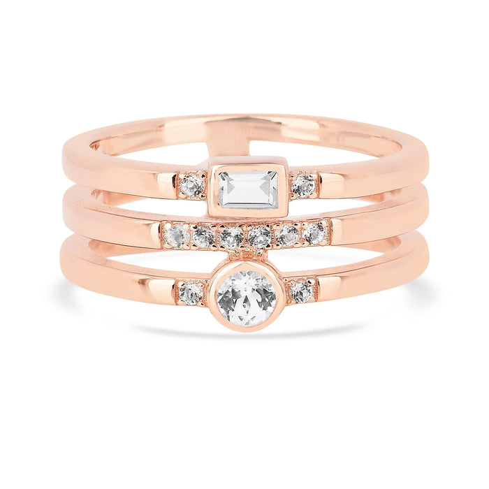 0.35 Ct Round White Sapphire and White Topaz Flush Silver Three Band Ring by Fine Color Jewels