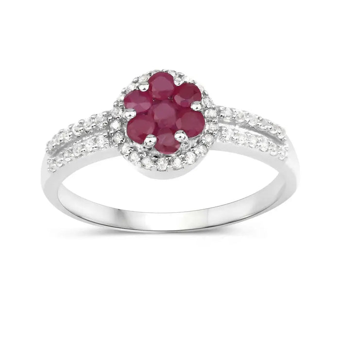 0.37 Ct Round Red Ruby Prong Sterling Silver Cluster Flower Halo Pave Ring by Fine Color Jewels