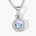 0.38 Ct round blue Aquamarine & Lab Diamond prong Silver Halo pendant Necklace by Fine Color Jewels