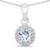 0.38 Ct round blue Aquamarine & Lab Diamond prong Silver Halo pendant Necklace