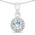 0.38 Ct round blue Aquamarine & Lab Diamond prong Silver Halo pendant Necklace by Fine Color Jewels
