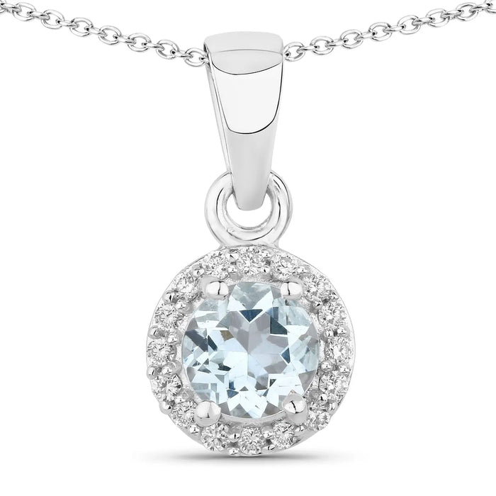 0.38 Ct round blue Aquamarine & Lab Diamond prong Silver Halo pendant Necklace by Fine Color Jewels