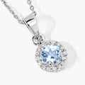 0.38 Ct round blue Aquamarine & Lab Diamond prong Silver Halo pendant Necklace by Fine Color Jewels