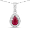 0.40 Ct Pear Pink Ruby Lab Diamond Prong Silver Halo Teardrop Pendant Necklace