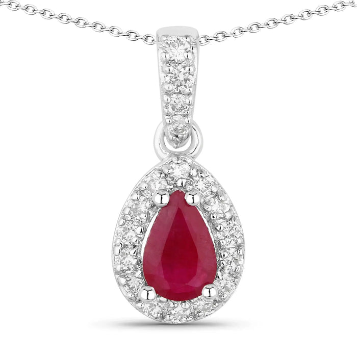 0.40 Ct Pear Pink Ruby Lab Diamond Prong Silver Halo Teardrop Pendant Necklace by Fine Color Jewels