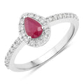 0.40 Ct Pear Pink Ruby & Lab Grown Diamond Prong Silver Halo Pave Band Ring by Fine Color Jewels
