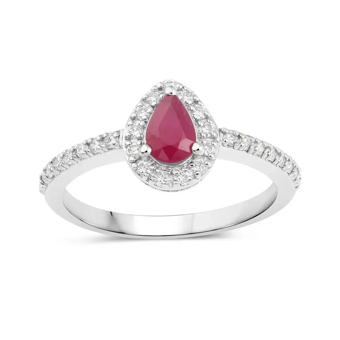 0.40 Ct Pear Pink Ruby & Lab Grown Diamond Prong Silver Halo Pave Band Ring by Fine Color Jewels