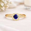 0.40 Ct Round Blue Sapphire and Moissanite Prong 22k Gold Vermeil Halo Stackable Ring by Fine Color Jewels