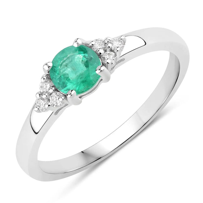 0.42 Ct Round Green Zambian Emerald and Lab Diamond Prong Silver Cocktail Ring by Fine Color Jewels