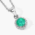 0.42 Ct Round Green Zambian Emerald & Lab Diamond Prong Silver Halo Pendant Necklace by Fine Color Jewels