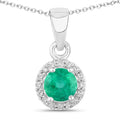 0.42 Ct Round Green Zambian Emerald & Lab Diamond Prong Silver Halo Pendant Necklace by Fine Color Jewels