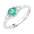0.42 Ct Round Green Zambian Emerald & Lab Diamond Prong Silver Three Stone Ring by Fine Color Jewels