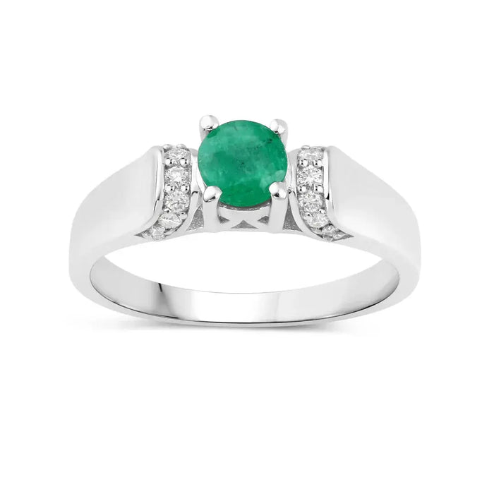0.42 Ct Round Green Zambian Emerald & Lab Grown Diamond Prong Silver Promise Ring by Fine Color Jewels
