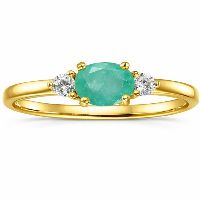 0.43 Ct Oval Green Emerald and White Sapphire Prong 22K Gold Vermeil Three Stone Promise Ring by Fine Color Jewels