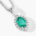0.44 Ct oval green Zambian Emerald and Lab Diamond prong Silver Halo pendant Necklace by Fine Color Jewels