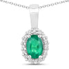 0.44 Ct oval green Zambian Emerald and Lab Diamond prong Silver Halo pendant Necklace