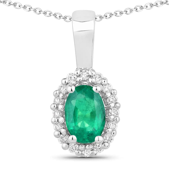 0.44 Ct oval green Zambian Emerald and Lab Diamond prong Silver Halo pendant Necklace by Fine Color Jewels
