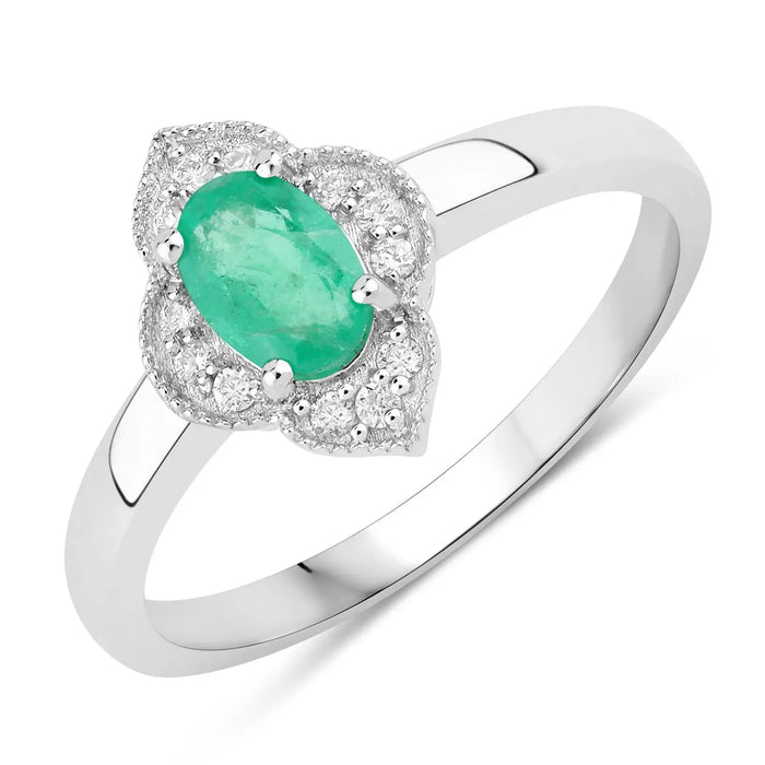 0.44 Ct Oval Green Zambian Emerald & Lab Diamond Prong Silver Floral Halo Ring by Fine Color Jewels