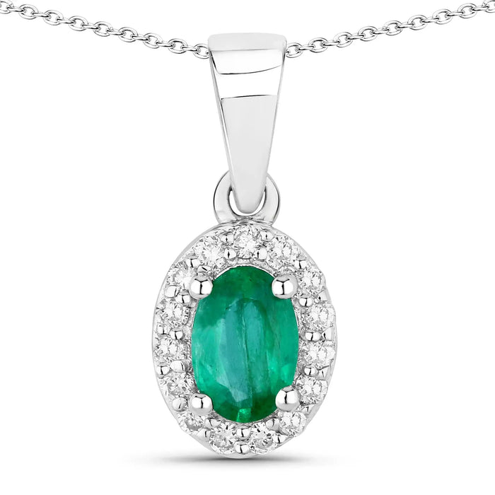 0.44 Ct Oval Green Zambian Emerald & Lab Diamond Prong Silver Halo Pendant Necklace by Fine Color Jewels