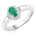 0.44 Ct Oval Green Zambian Emerald & Lab Grown Diamond Prong Silver Halo Engagement Ring by Fine Color Jewels