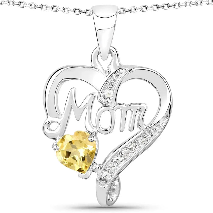 0.45 Ct Heart Yellow Citrine Prong Silver Double Heart Mom Pendant Necklace by Fine Color Jewels