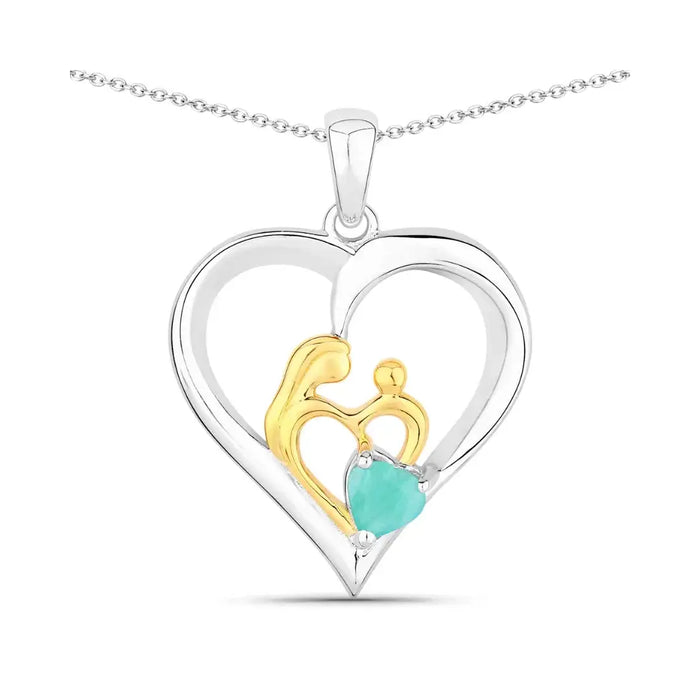 0.45 CTTW Heart Green Emerald Prong Silver Mom Pendant Necklace by Fine Color Jewels