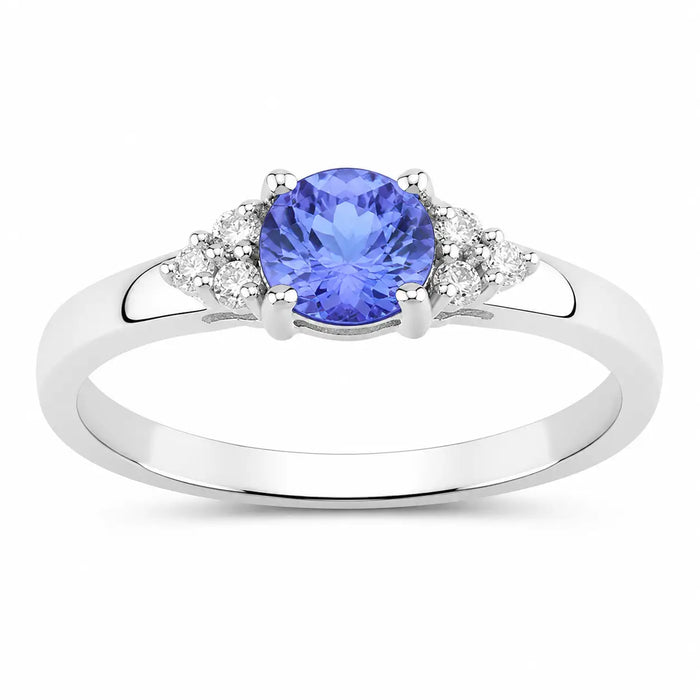0.47 Ct Round Violet Tanzanite & Lab Diamond Prong Silver Cocktail Ring by Fine Color Jewels
