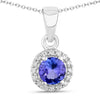 0.47 Ct Round violet Tanzanite & Lab Diamond prong Silver Halo pendant Necklace