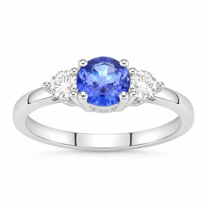 0.47 Ct Round Violet Tanzanite & Lab Diamond Prong Silver Three Stone Ring by Fine Color Jewels
