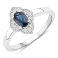 0.48 Ct Oval Blue Sapphire and Lab Diamond Prong Silver Halo Floral Ring by Fine Color Jewels