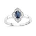 0.48 Ct Oval Blue Sapphire and Lab Diamond Prong Silver Halo Floral Ring by Fine Color Jewels