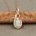 0.48 Ct Oval White Opal & Diamond Prong 14K Gold Plated Silver Crossover Pendant Necklace by Fine Color Jewels