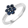 0.49 Ct Round Blue Sapphire and Lab Diamond Prong Silver Pave Floral Ring
