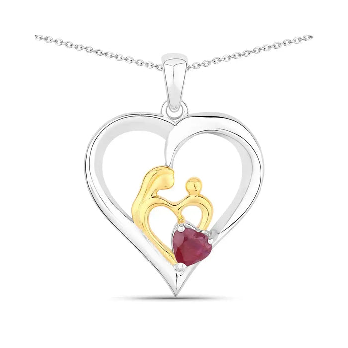 0.50 CTTW Heart Pink Ruby Prong Silver Mom Pendant Necklace by Fine Color Jewels