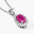 0.52 Ct oval pink Mozambique Ruby and Lab Diamond prong Silver Halo pendant Necklace by Fine Color Jewels