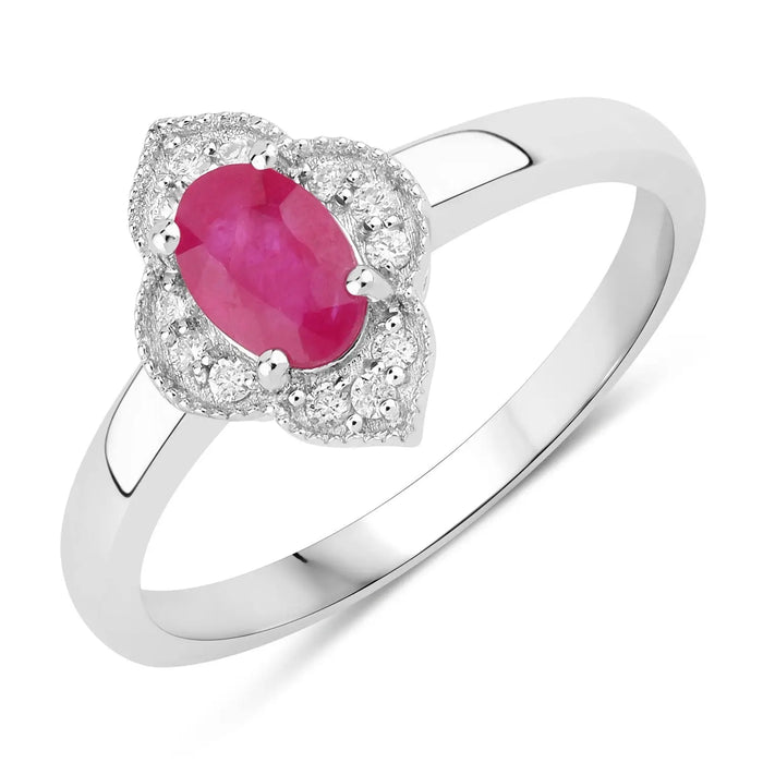 0.52 Ct Oval Pink Mozambique Ruby & Lab Diamond Prong Silver Floral Halo Ring by Fine Color Jewels