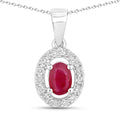 0.52 Ct Oval Pink Ruby and Lab Diamond Prong Silver Halo Pendant Necklace by Fine Color Jewels