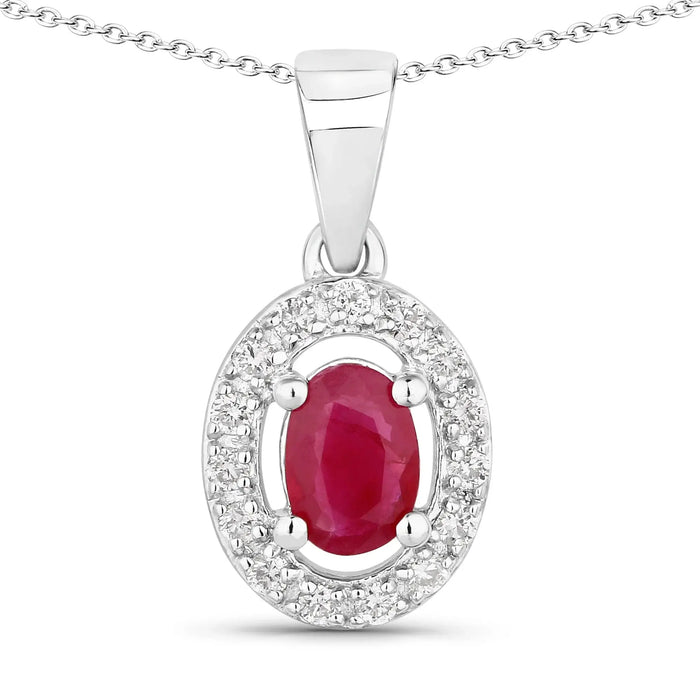 0.52 Ct Oval Pink Ruby and Lab Diamond Prong Silver Halo Pendant Necklace by Fine Color Jewels